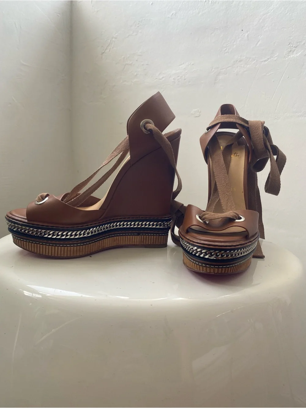 Christian Louboutin Brown Leather Platform Sandals with Chain Trim